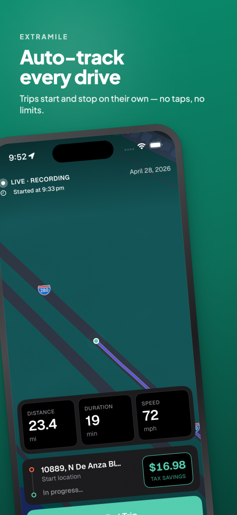 ExtraMile mileage tracking app iPhone Live trip